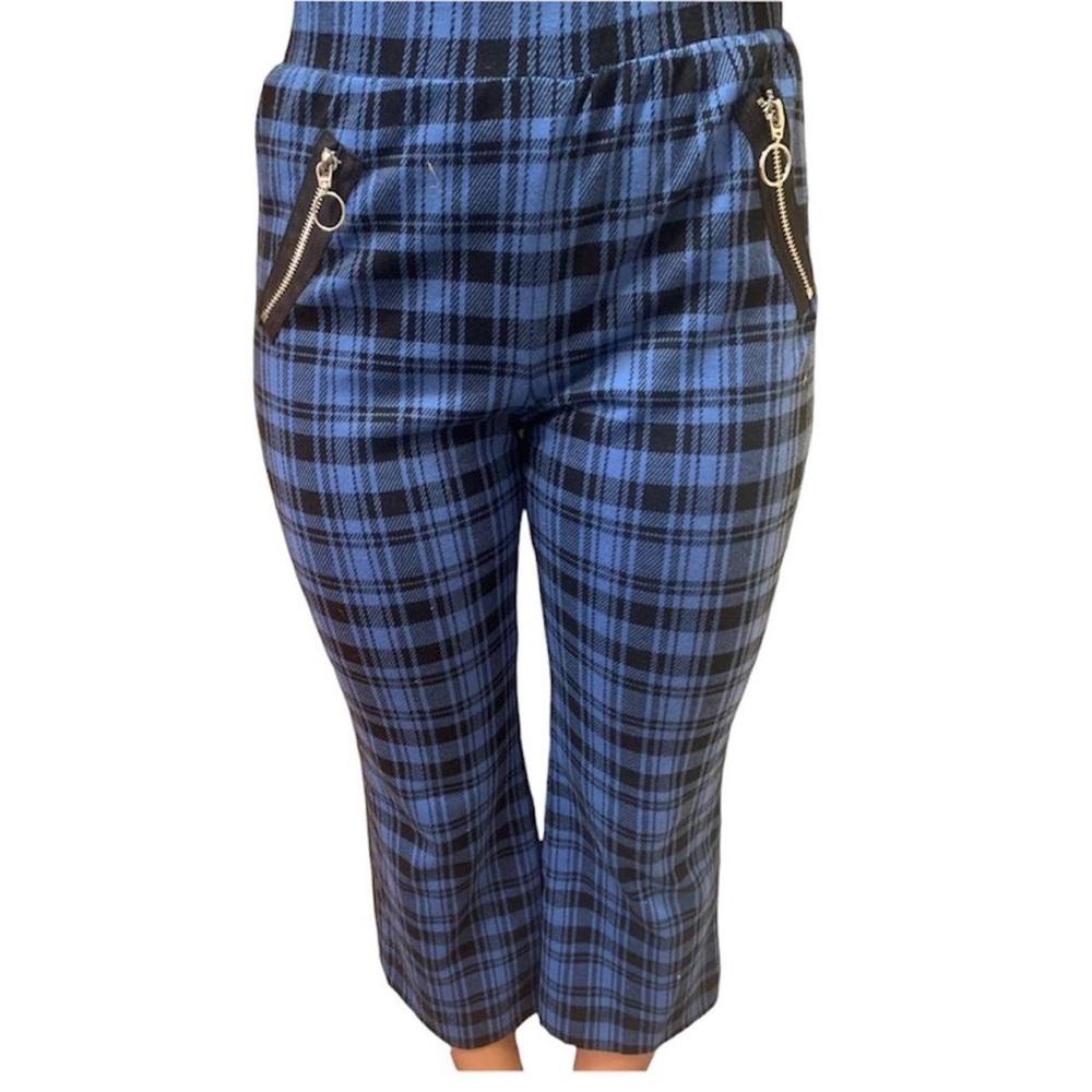 Wild Fable Black and Blue Plaid Gingham High Waisted Cropped Flare Pants size S